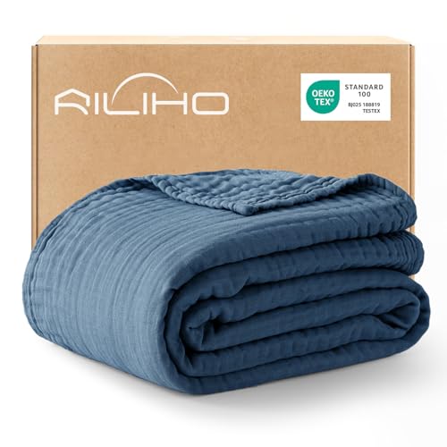 RILIHO 100% Cotton Muslin Blanket Adult Cooling Summer Blanket 6 Layers Lightweight and Breathable Throw Blankets for Couch Soft Cold Blanket for Sleeping All Season 127 x 152 cm Blue