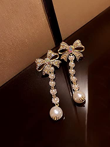 Crystal Dangler Earrings with Bow Shaped Pearl Danglers