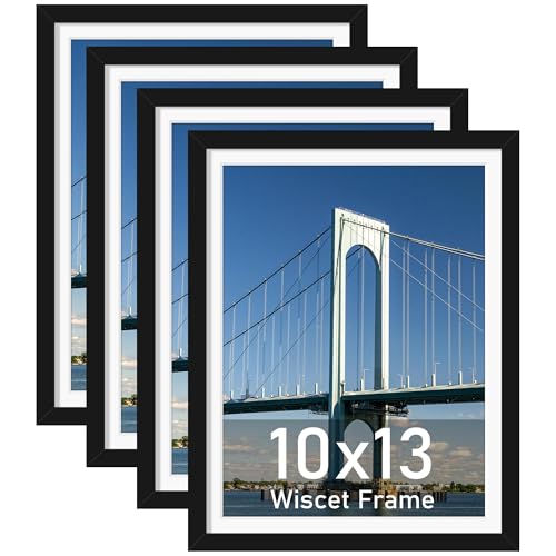 Wiscet 10x13 Picture Frame Set of 4 Display Picture 9x12 with Mat or 10x13 Poster Frame without Mat Horizontal or Vertical Wall Mounting Black
