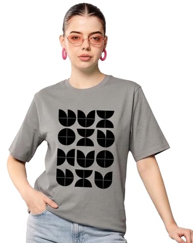 Image of Women's Typography Round Neck Cotton-Blend T-Shirts, Oversized Drop Shoulder Boho Style T-Shirt