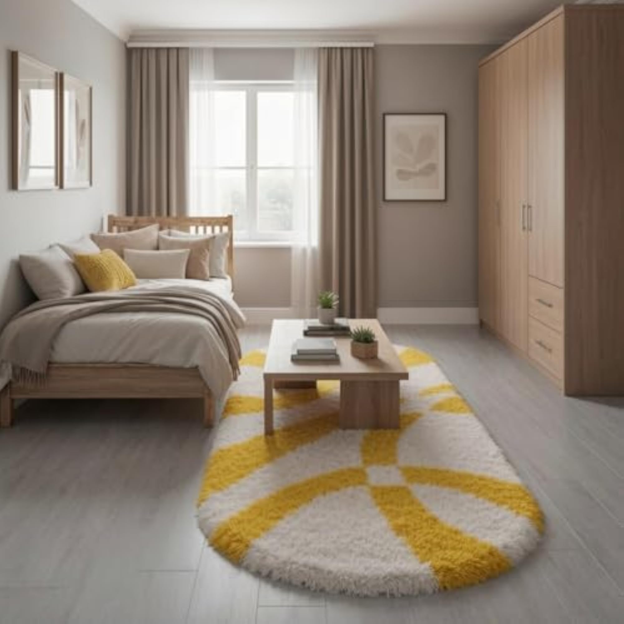 Oval Soft Shaggy Carpet Runner, Yellow and White Geometric Lines