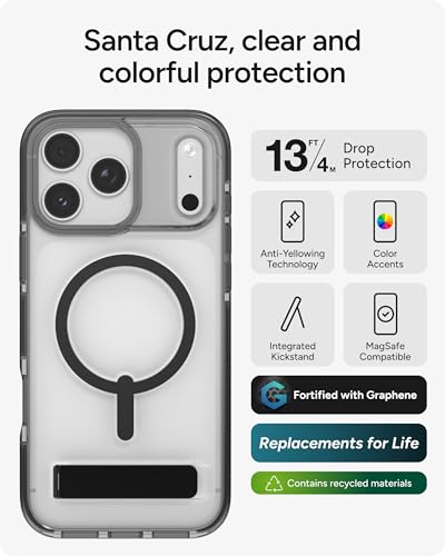 Image of ZAGG Santa Cruz Snap Case with Kickstand for iPhone 17 Pro Max - Jet Black, Drop Protection (13ft /4m), MagSafe Charging Compatible, ClearGuard Anti-Yellowing Technology, Scratch Resistant Phone Case