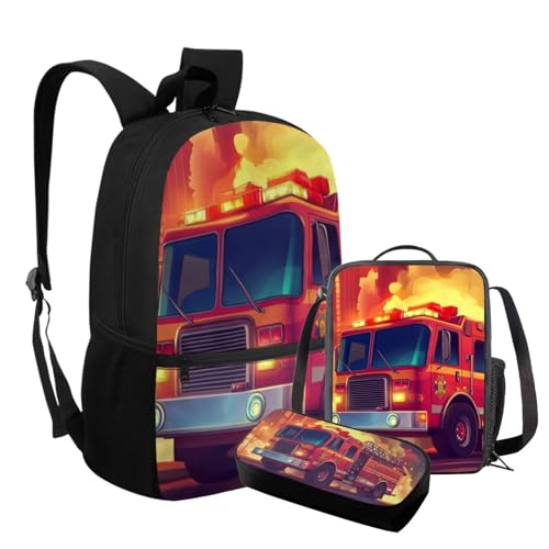 Rnyleeg Fire Truck Backpack for Boys Novelty Kids Bookbag Set Lightweight Lunch Box and School Bag Set of 3 for Elementary Middle Back to School Gifts3