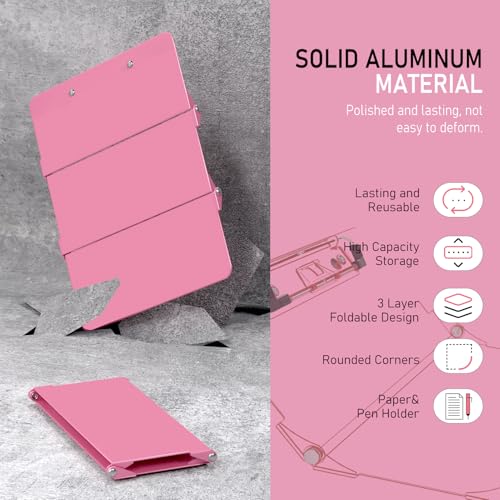 Image of Nursing Clipboard Foldable Without Edition Cheat Charts, 3 Layers Aluminum, Nurse Board w /Low Profile Clip&Pen Clip Pocket, Pink