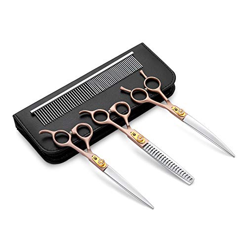 Dream Reach Fellschere Hundeschere 7 Inch professionelles Tierpflege Set aus 440C japanischer Edelstahl gerade&Gebogene&ausdünnen Schere(25%-35% Ausdünnungsrate) Set (7-Zoll-Fellschere Set 02)