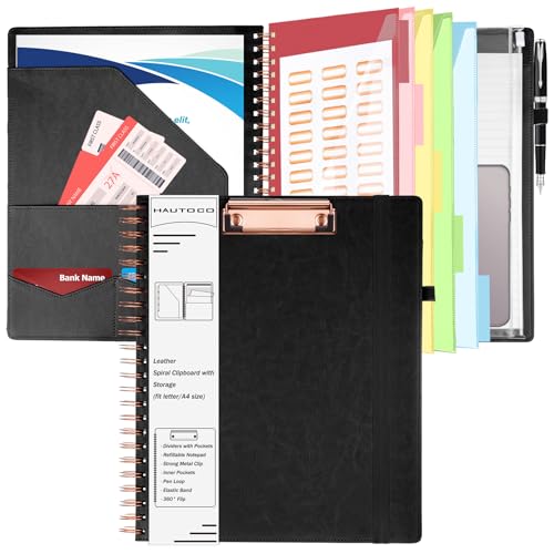 Image of HAUTOCO Leather Clipboard Folio, Spiral Organizer with Notepad & Storage