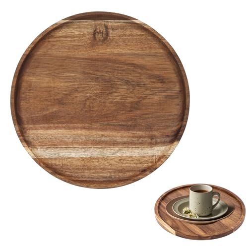Plato redondo de madera de acacia, 20 x 20 x 1,5 cm, bandeja para pan, decoración de mesa, organizador de encimeras