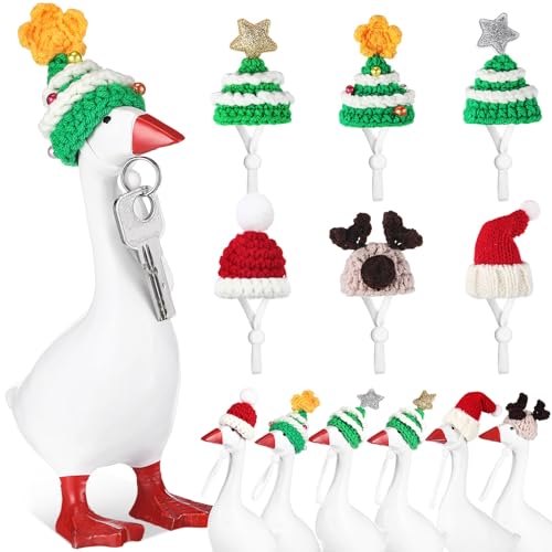 Geyoga 6 Pcs 7 Inch Desk Goose Outfits Mini Knitted Hats,Christmas