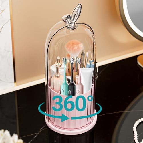 Wekity Toothbrush Holder with Sliding Lid, Toothbrush Holders for Bathrooms,360° Rotating Makeup Brush Storage Rack - Waterproof and Dustproof, Toothbrush Toothpaste Holder Beauty Brush (Pink)