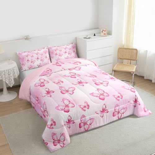 Image of Erosebridal Pink Butterfly Comforter Set for Kids Boys Girls 3D Pink Dreamy Butterfly Bedding Colorful Ink Stick Printing Duvet Set All Season Microfiber Comforter Queen with 2 Pillowcases