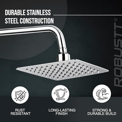 Image of Robustt Shower Head for Bathroom Overhead with 7.8 inch Arm | 8x8in Square Rainfall Bath Shower with 81 Anti-Clog Silicone Nozzles, 360 Swivel, High Pressure Flow & Chrome Finish | Easy Installation