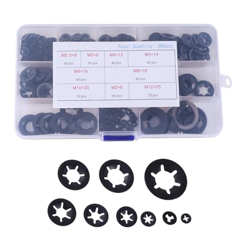 AOMIKITSTU Push Lock Washer 380pcs, M2, M2.5, M3, M4, M5, M6, M8, M10, M12 Retainer Washer, Starlock Adapter, Speed Lock Washer, Push on Washers, Lock Washers for Unthreaded Shafts
