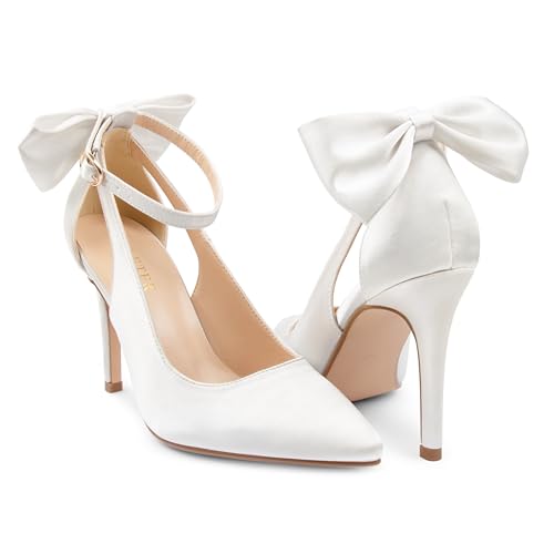 Image of COLETER Womens Back Bow D'Orsay Pumps Pointed Toe Ankle Strap Wedding Heels | 4 Inch Stiletto Heels, Adjustable Ankle Strap, Back Bow Pumps, Formal Evening Bridal Shoes