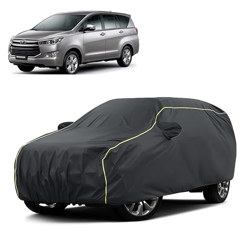 Image of Sulfar 100% Water Resistant Car Body Cover Compatible with Mirror for Toyota Innova (Triple Stitched, Full Bottom Elastic, Dark Grey Taffeta with Yellow Piping)