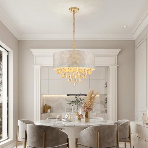 Pine Flicker 4-Lights Drum Capiz Shell Crystal Chandelier, Coastal Style Pendant Light Fixture for Dining Room, Living Room, D18 x H21~68 inch (Adjustable), Champagne Crystal & Gold Finish - Image 8