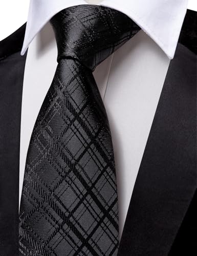 Image of Barry.Wang Plaid Ties Mens Silk Necktie and Tie Clip Checkered Tie for Wedding Party Business Formal