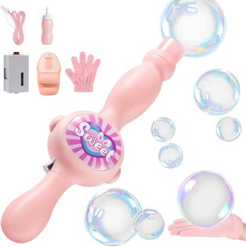 Image of FOUX Fur Fog Bubble Machine for Kids, Rechargeable Magic Mist Bubble Wand with Lights & Sound, Elastic Bubble Fog Blower with Gloves, Safe Bubble Water, Automatic Bubble Maker (Pink)