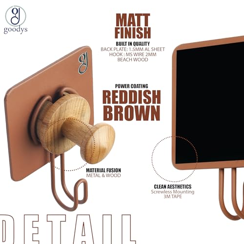 Image of goodys 4 Pcs Self Adhesive Wall Hooks - Reddish Brown Aluminum | Heavy Duty Waterproof Hooks for Bathroom, Kitchen & Cloth Hanging | No Drill Installation