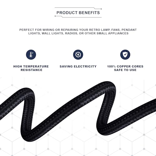 Image of LEDSone Black 18 AWG Fabric Covered Electrical Wire 32.8ft 2 Conductor Round Cloth Braided Lamp Cord 6mm Flexible Copper PVC Cable for Pendant Lights Chandeliers DIY Rewiring Indoor Projects
