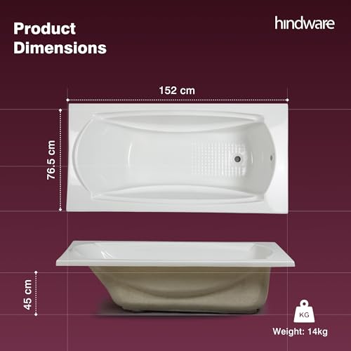 Image of Hindware Marina Bathtub for Bathroom | ABS Body | Floor Mount | White | Size: 4.99 x 2.51 x 1.48 ft (LxWxH) | 1 Year Warranty | Fixing Kit & Accessories Not Included