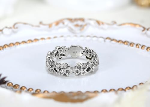 AeraVida Sterling Silver Plumeria Ring – Dainty Floral Eternity Band with Oxidized Finish, Hawaiian Flower Stackable 925 Silver Ring for Women, Boho Summer Jewelry Gift2