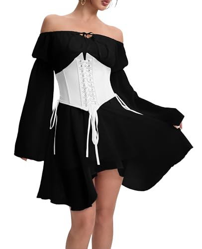 Image of Womens Corset Dress Off Shoulder Bell Sleeve Casual Party Pirate Fairy Dress Set