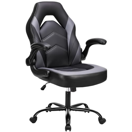 Image of Ergonomic Computer Game Desk Chair - PU Leather Lumbar Support, Height Adjustable High Back Video Game with Flip-up Armrest,Rolling Swivel for Adults,Deep Grey