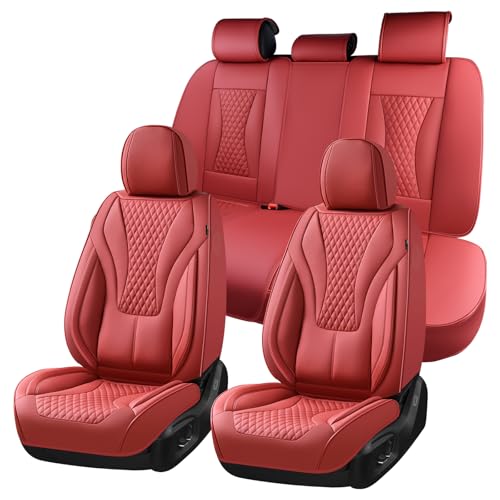 Image of Coverado Waterproof Nappa Leather Car Seat Covers Full Set 5-Seat Car Seat Protector Front & Rear Cushions Fit for Most Sedans SUVs Pick-up Trucks Red