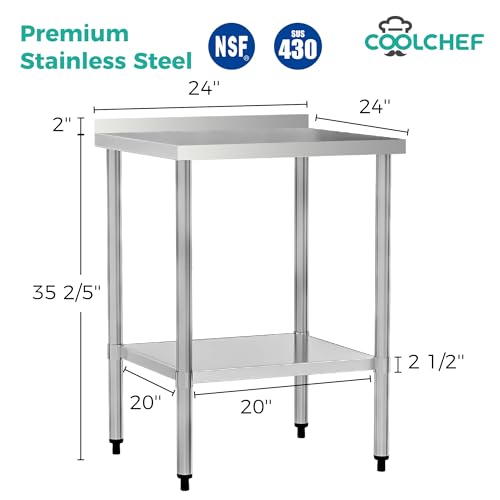Image of Stainless Steel Work Table 24 x 24 Inch, NSF Commercial Prep Table with Undershelf, Heavy Duty Food Prep Workstation with Backsplash