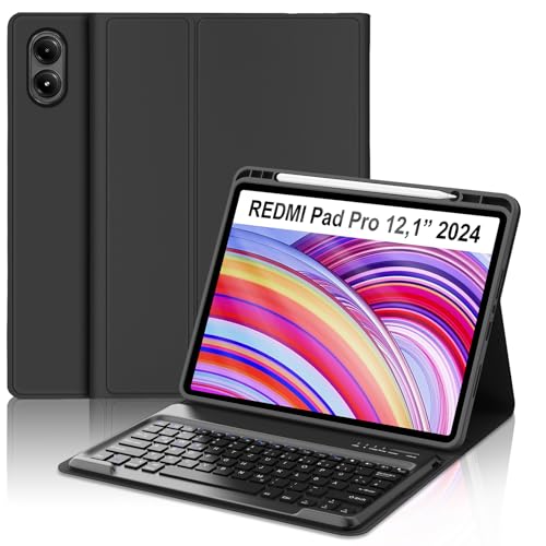 Occtingkind Hülle mit Tastatur für Xiaomi Redmi Pad Pro 12 1 (2024) & Poco Pad 12 1 (2024) Deutsche QWERTZ Tastatur ohne Beleuchtung/ohne Touchpad inklusive oberem Stifthalter Schwarz