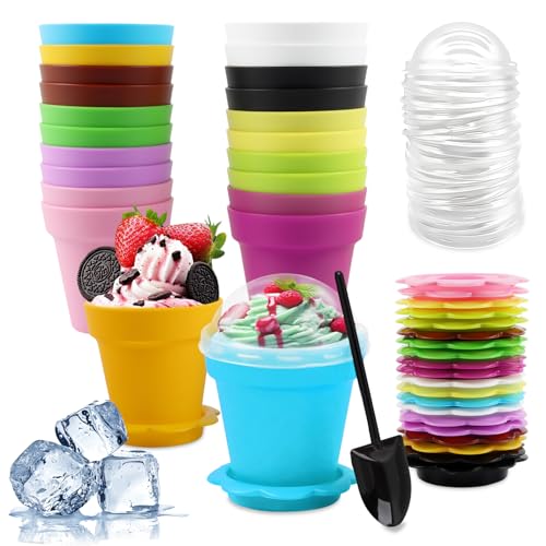 Shyllin Copa de Helado de 22 Piezas con Tapa Tipo Cuchara,11 Colores, 180 ml,Libre de BPA,Tazas de Helado Reutilizables,Vasos de Postre,Para Helados, Postres, Snacks y Comida para Fiestas