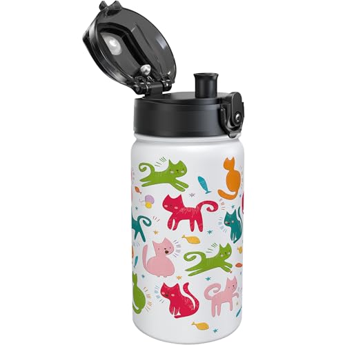 Image of Fanhaw 14 Oz Kids Insulated Stainless Steel Water Bottle with Chug Lid - Leak & Sweat Proof with Anti-Dust Lid (White - Cats)