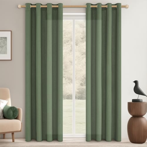 MRTREES Cortinas de Dormitorio Comedor Salón Modernas 2 Piezas Visillos Salon Semitranslúcidas con Ojales Cortina de Lino para Ventanas Habitacion Sala Puertas de Balcón, 140x240 CM, Verde Oliva