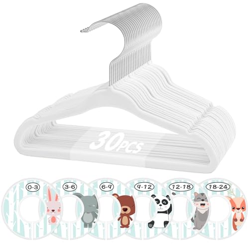 Image of VIS'V Baby Hangers, 11 Inch Velvet Kids Hangers with 6 Pcs Clothes Size Dividers, Infant Toddler Nursery Closet Organization, Non Slip, White, 30 Pcs