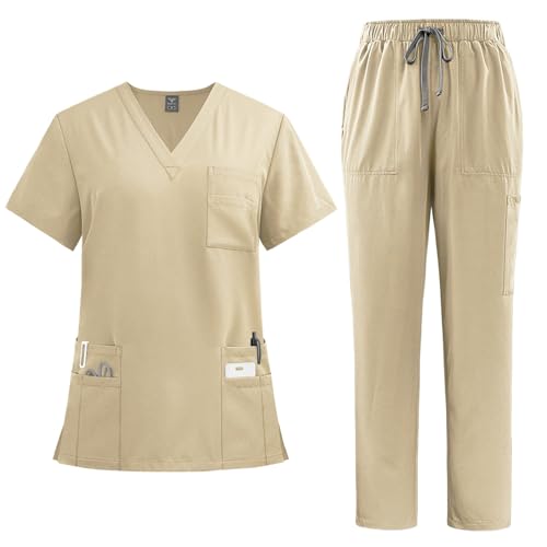 Scrubs for Women Set Cool Stretch Medical Nursing Uniform - V-Neck Top & Straight Leg Pants with Pockets, Workwear 02-Khaki XX-Large