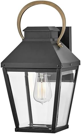 Hinkley Dawson Medium Wall Mount Outdoor Lantern, Aluminum, Clear Beveled Glass, Tapered Silhouette, Black Finish with Burnished Bronze Accent