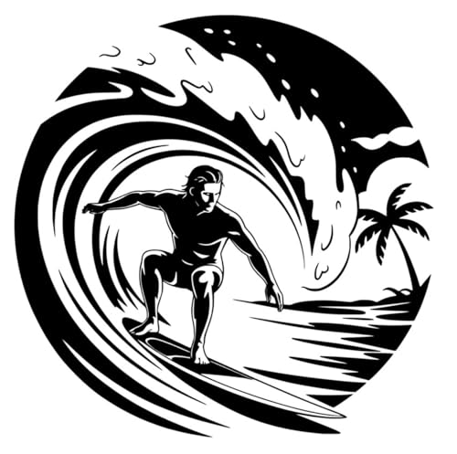 ‍Pegatina Personalizada Troquelada – Surfista en Tabla sobre Ola – Vinilo Adhesivo Resistente al Agua – Sin Fondo – Sticker para Coches, Furgonetas Camper, Portátiles y mas (Negro, 11 x 11 cm)