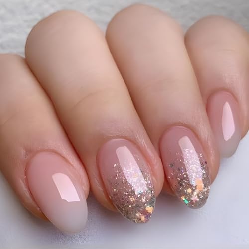 Pink Press on Nails Short Almond Fake Nails Ombre Pink False Nail...