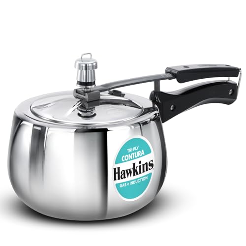 Image of Hawkins Contura 3 Litre Triply Stainless Steel Pressure Cooker | Curved Body | Induction & Gas Compatible | Ideal for 5-7 persons | ISI Certified | Guaranteed for 5 year | Silver (SSTCO30)