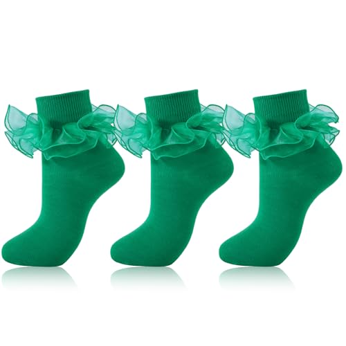 Image of Women Big Ruffle Ankle Socks Adult Double Lace Frilly Turn Cuff Dress Socks Cotton Cute Fancy Bobby Crew Socks
