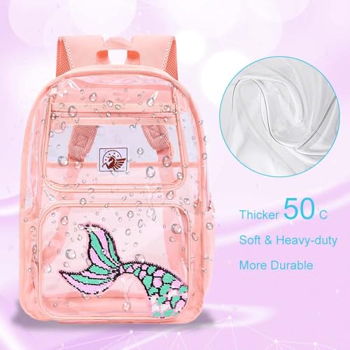 Image of AGSDON 3PCS Clear Backpack for Girls, Kids Mermaid Transparent Backpack with Heavy Duty PVC, See Through Backpacks with Lunch Bag-Pink