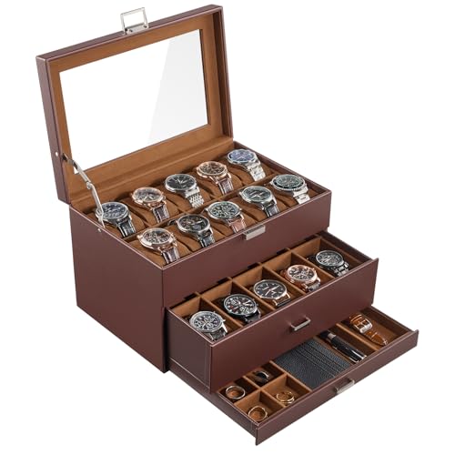 ProCase 20 Slot Watch Box for Men, 3-Layer Watch Display Case with Glass Lid, Watch Holder with Drawer, Jewelry Storage Organizer for Watches Straps Rings -Brown