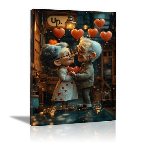 Toile vieux couple amoureux rouge 40x60cm encadrée pour décoration chambre
