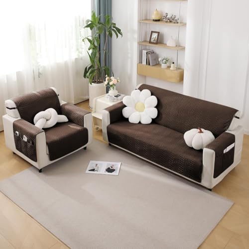 Image of HOKIPO Polyester 3 Seater Quilted Sofa Cover with Pockets, Dark Coffee (NEW2-IN-803-DCF)