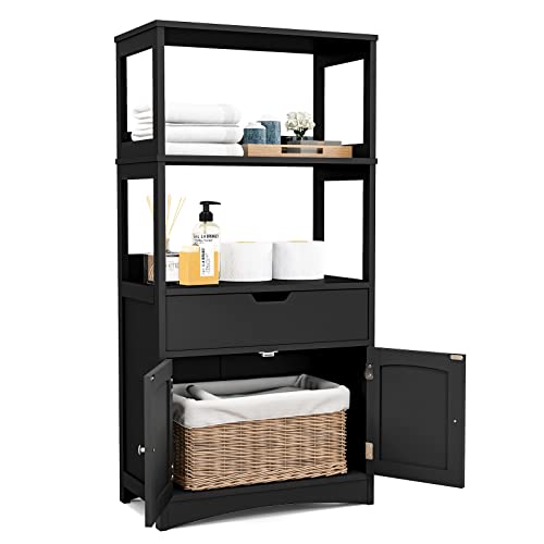 GLACER Large Bathroom Floor Cabinet, Freestanding Multipurpose Storage Cabinet with Drawer, 2 Open Shelves and Cupboard, Excellent for Bathroom, Kitchen or Living Room, 24 x 13 x 48 inches (Black)