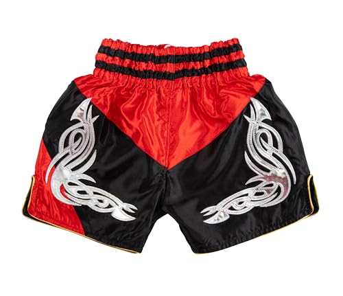 MUAY NATION Muay Thai Shorts für Kinder (2 Jahre - 12 Jahre) Mädchen Jungen Boxhosen für Kickboxen MMA Kampfsport (DE/NL/SE/PL, Alter, 9 Jahre, 12 Jahre, Regular, PRM Rot/Schwarz)