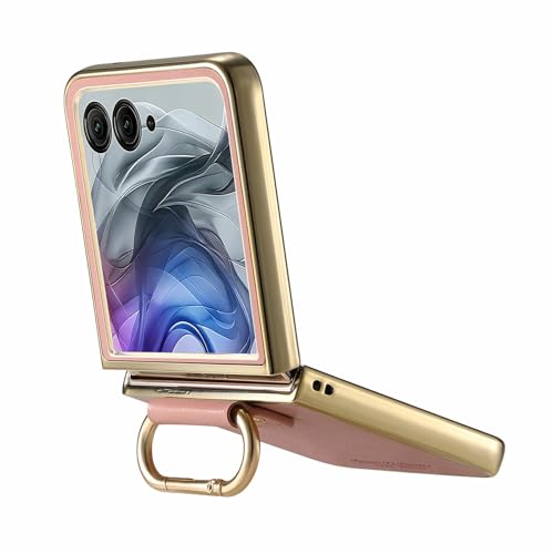 Image of for Motorola Razr 50 Ultra 5G Case Electroplating Leather Coated PC Phone Cover with Spring Ring Buckle Kickstand - Pink