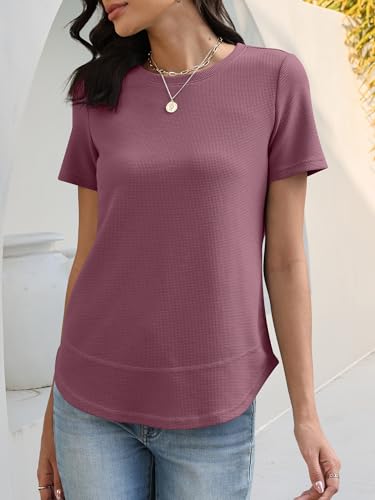 Image of ANRABESS Womens Waffle Knit Tops Short Sleeve Crewneck Shirts Curved Hem Summer Dressy Casual Blouses Spring Fashion Clothing