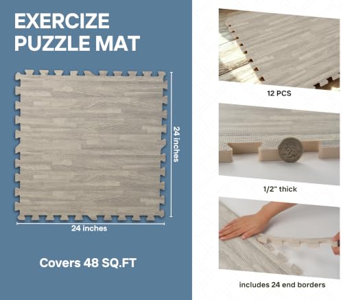 Image of Art3d 48 Sq.Ft Eva Puzzle Exercise Mats, 24 inchx24 inch x 1 /2 inch Thick Foam Interlocking Tiles for Flooring, Workout, Gym Equipments, Pack of 12, Grey Oak