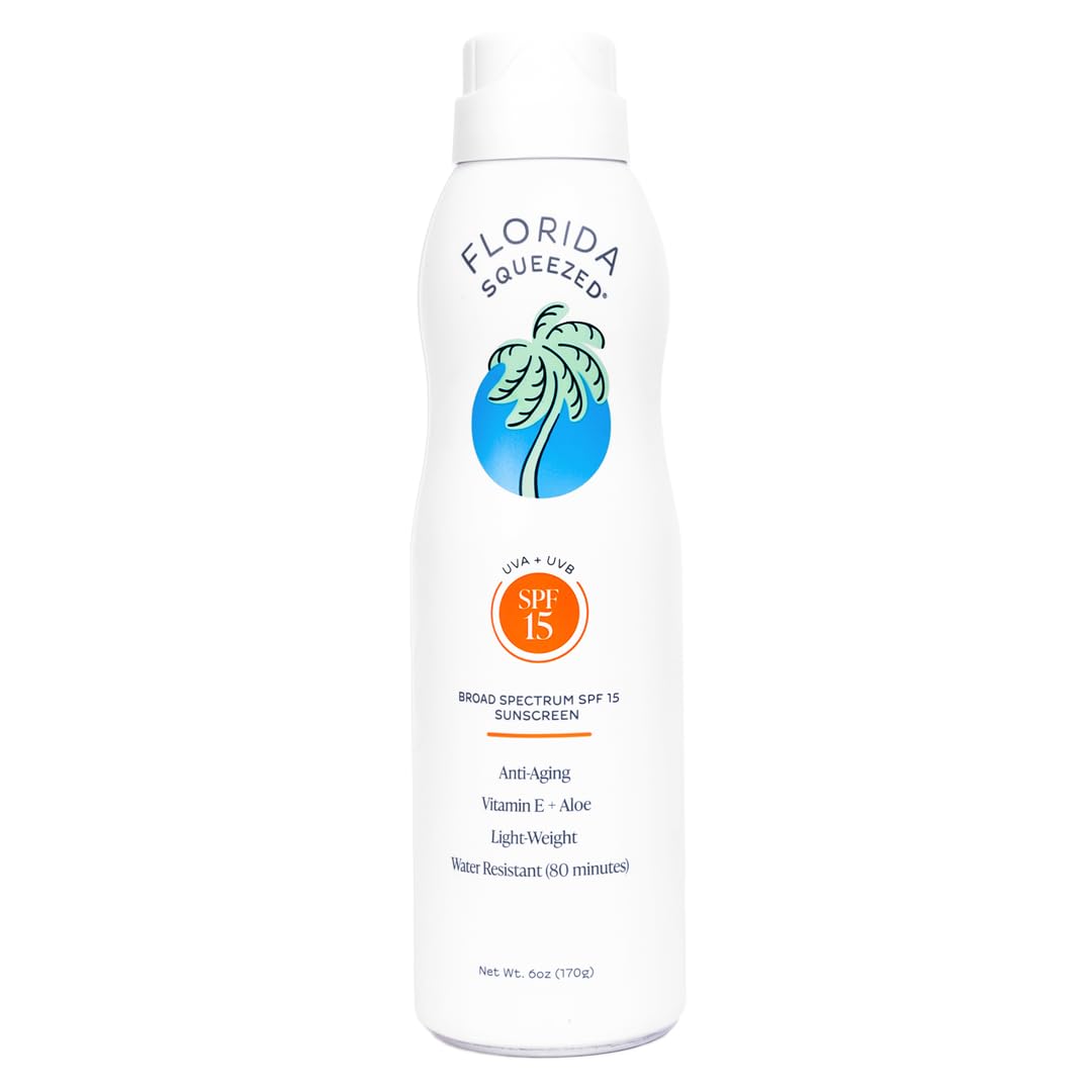 Florida Squeezed SPF 15 Sunscreen Water Resistant Spray 6oz Vegan and Hawaii 104 Reef Act Compliant Octinoxate Oxybenzone